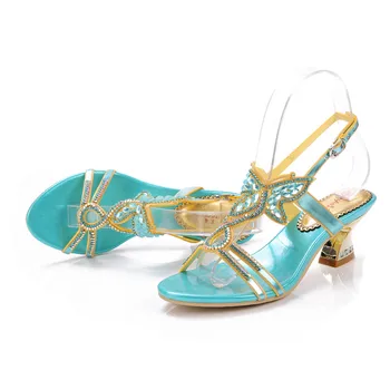 2019 Ljetne Nove Plave Sandale s leptirićima i dijamantima, ženske cipele u rimskom stilu na debelom petu s otvorenim vrhom, 6 cm