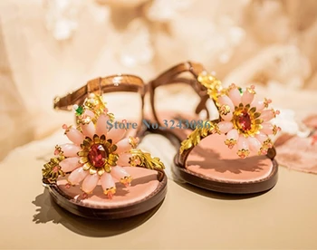 2019 Novi dolazak, sjajna Sandale na ravne cipele sa dekoracijom u obliku Kristala i Cvijeća, nakit S T-neck strap, Ljeto Plaža Cipele s otvorenim vrhom i Insignia, ženske cipele